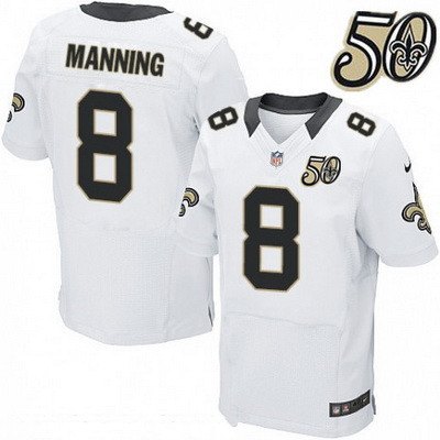 Men's New Orleans Saints #8 Archie Manning White 50th Season Patch Stitched NFL Nike Elite Jersey