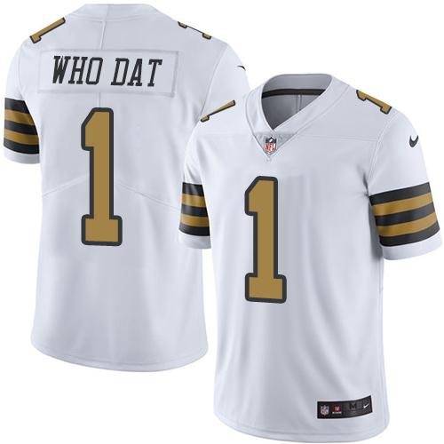 Nike Saints #1 Who Dat White Men's Stitched NFL Limited Rush Jersey