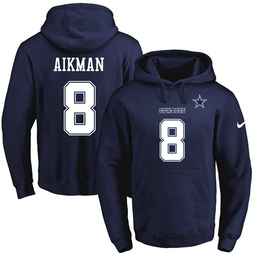 Nike Cowboys #8 Troy Aikman Navy Blue Name & Number Pullover NFL Hoodie