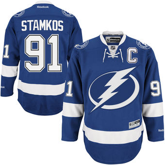 Men's Tampa Bay Lightning #91 Steven Stamkos Reebok Blue Home Captain Premier Jersey