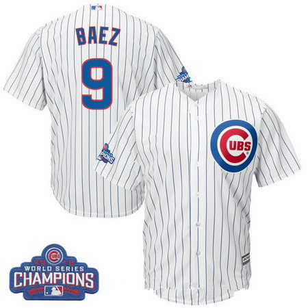 Men's Chicago Cubs #9 Javier Baez Majestic White Home 2016 World Series Champions Team Logo Patch Player Jersey