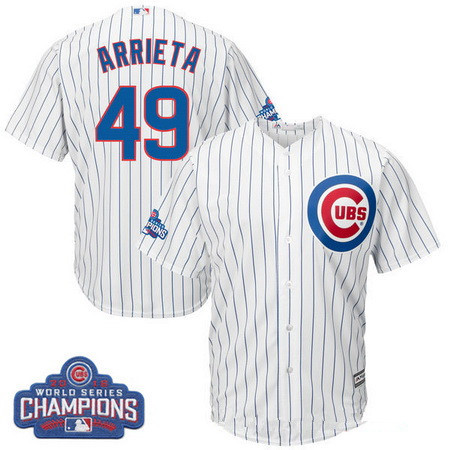 Men's Chicago Cubs #49 Jake Arrieta Majestic White Home 2016 World Series Champions Team Logo Patch Player Jersey