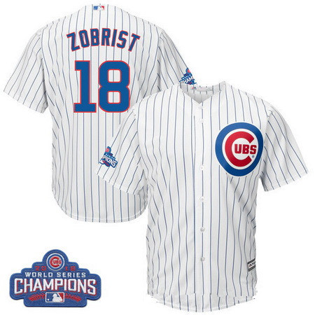 Men's Chicago Cubs #18 Ben Zobrist Majestic White Home 2016 World Series Champions Team Logo Patch Player Jersey