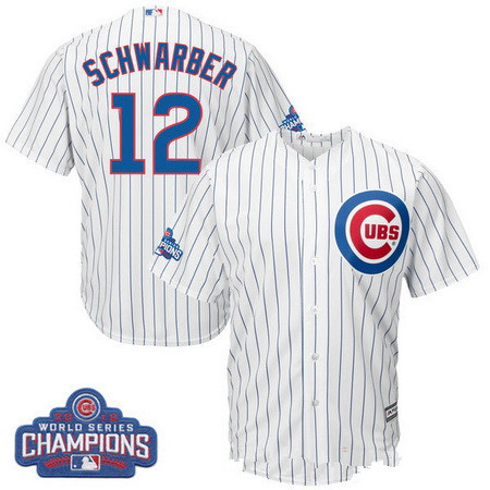 Men's Chicago Cubs #12 Kyle Schwarber Majestic White Home 2016 World Series Champions Team Logo Patch Player Jersey