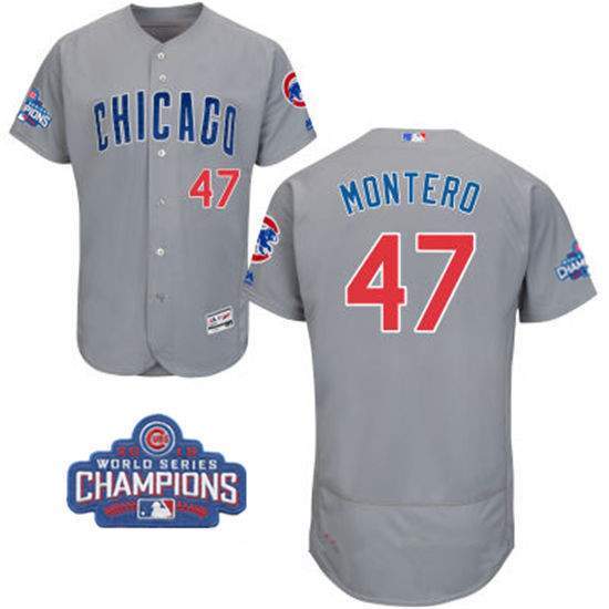 Men's Chicago Cubs #47 Miguel Montero Gray Road Majestic Flex Base 2016 World Series Champions Patch Jersey