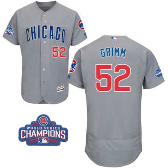 Men's Chicago Cubs #52 Justin Grimm Gray Road Majestic Flex Base 2016 World Series Champions Patch Jersey