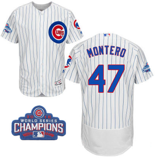 Men's Chicago Cubs #47 Miguel Montero White Home Majestic Flex Base 2016 World Series Champions Patch Jersey