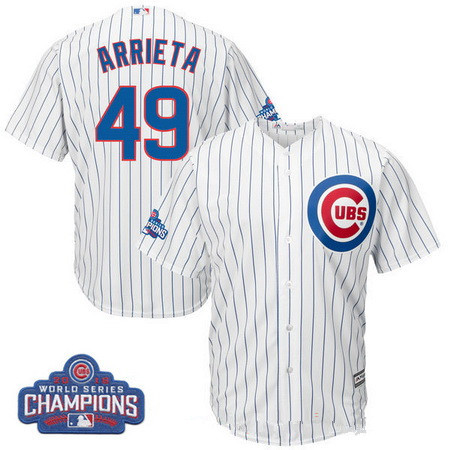 Youth Chicago Cubs #49 Jake Arrieta Majestic White Home 2016 World Series Champions Team Logo Patch Player Jersey