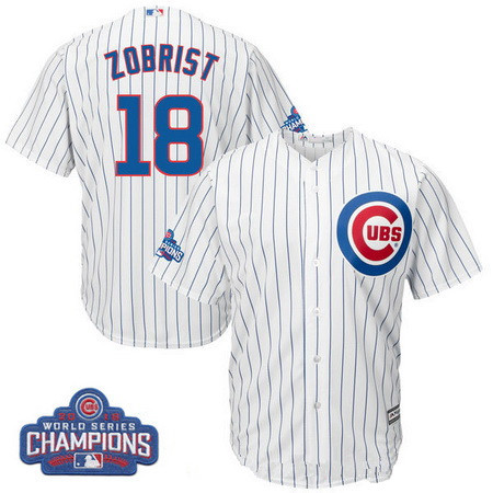 Youth Chicago Cubs #18 Ben Zobrist Majestic White Home 2016 World Series Champions Team Logo Patch Player Jersey