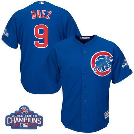 Youth Chicago Cubs #9 Javier Baez Majestic Royal Blue 2016 World Series Champions Team Logo Patch Player Jersey