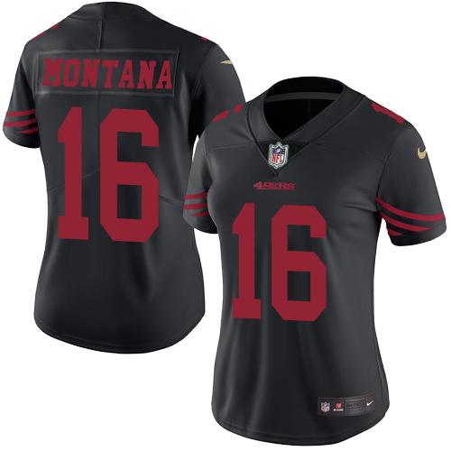 Nike 49ers #16 Joe Montana Black Women's Stitched NFL Limited Rush Jersey