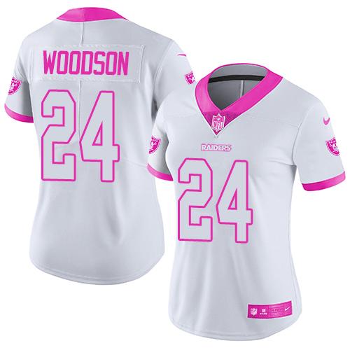 Nike Raiders #24 Charles Woodson White Pink Women's Stitched NFL Limited Rush Fashion Jersey