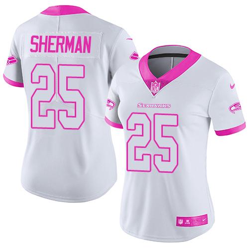 Nike Seahawks #25 Richard Sherman White Pink Women's Stitched NFL Limited Rush Fashion Jersey