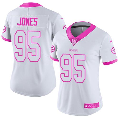 Nike Steelers #95 Jarvis Jones White Pink Women's Stitched NFL Limited Rush Fashion Jersey