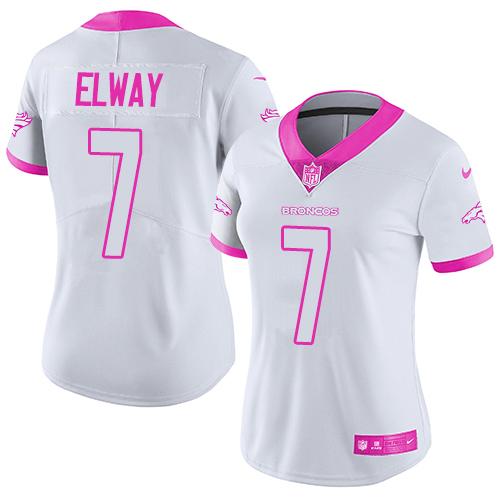 Nike Broncos #7 John Elway White Pink Women's Stitched NFL Limited Rush Fashion Jersey