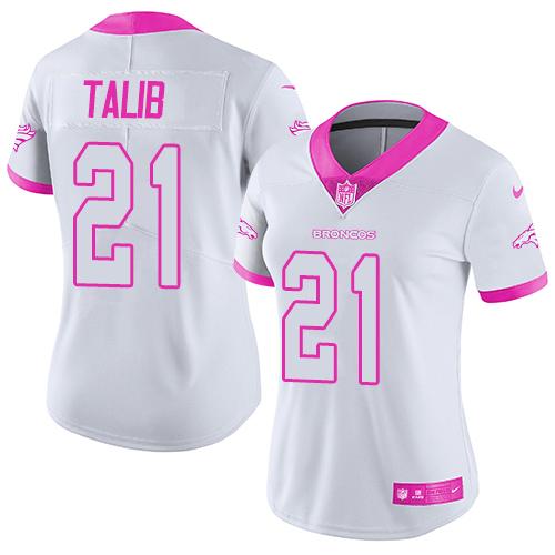 Nike Broncos #21 Aqib Talib White Pink Women's Stitched NFL Limited Rush Fashion Jersey