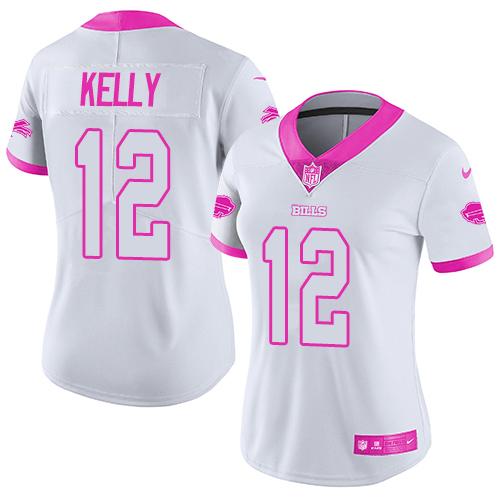 Nike Bills #12 Jim Kelly White Pink Women's Stitched NFL Limited Rush Fashion Jersey