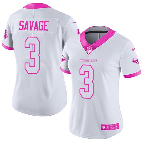Nike Texans #3 Tom Savage White Pink Women's Stitched NFL Limited Rush Fashion Jersey
