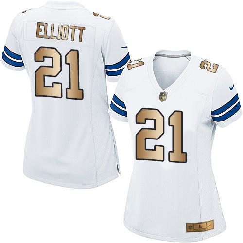 Nike Cowboys #21 Ezekiel Elliott White Women's Stitched NFL Elite Gold Jersey