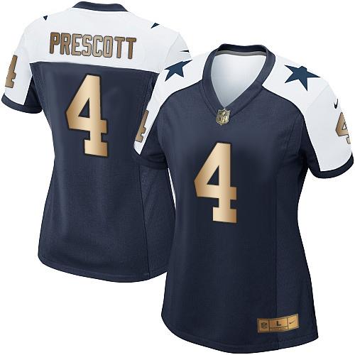 Nike Cowboys #4 Dak Prescott Navy Blue Thanksgiving Throwback Women's Stitched NFL Elite Gold Jersey