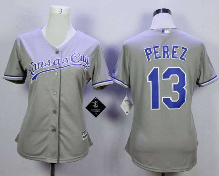 Kansas City Royals #13 Salvador Perez Grey Women New Cool Base Jersey