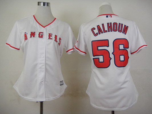 Women's LA Angels Of Anaheim #56 Kole Calhoun Home White 2015 MLB Cool Base Jersey