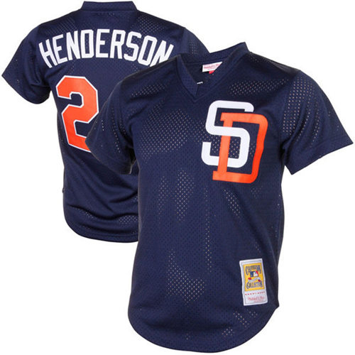 Men's San Diego Padres #24 Rickey Henderson Mitchell & Ness Cooperstown Collection Mesh Batting Practive Navy Blue Jersey