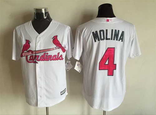 Men's St. Louis Cardinals #4 Yadier Molina White With Pink 2016 Mother's Day Baseball Cool Base Jersey