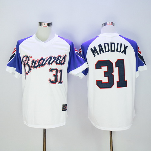Men's Atlanta Braves #31 Greg Maddux Retired White 1973 Majestic Cooperstown Collection Throwback Jersey