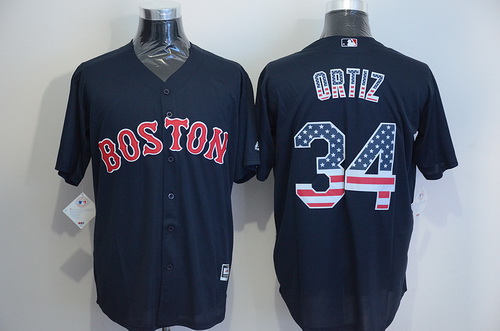 Men's Boston Red Sox #34 David Ortiz Navy Blue USA Flag Fashion MLB Baseball Jersey
