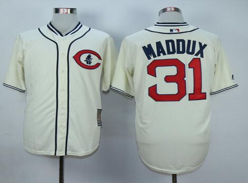 Men's Chicago Cubs #31 Greg Maddux Retired Cream 1929 Majestic Cooperstown Collection Throwback Jersey