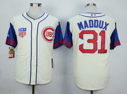 Men's Chicago Cubs #31 Greg Maddux Retired Cream 1942 Majestic Cooperstown Collection Throwback Jersey