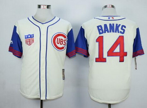 Men's Chicago Cubs #14 Ernie Banks Retired Cream 1942 Majestic Cooperstown Collection Throwback Jersey