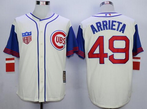 Men's Chicago Cubs #49 Jake Arrieta Cream 1942 Majestic Cooperstown Collection Throwback Jersey