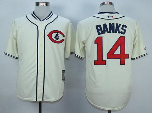 Men's Chicago Cubs #14 Ernie Banks Retired Cream 1929 Majestic Cooperstown Collection Throwback Jersey