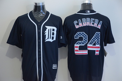 Men's Detroit Tigers #24 Miguel Cabrera Navy Blue USA Flag Fashion MLB Baseball Jersey