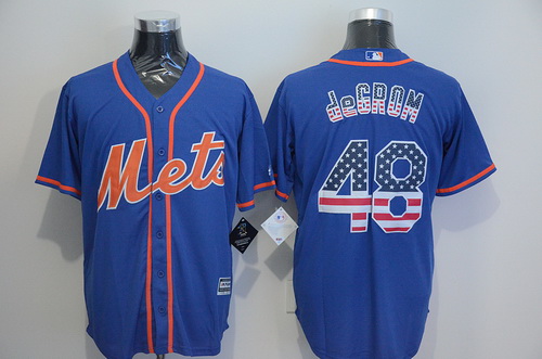 Men's New York Mets #48 Jacob deGrom Blue With Orange USA Flag Fashion MLB Baseball Jersey