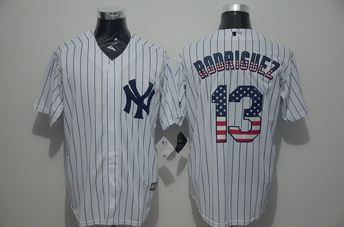 Men's New York Yankees #13 Alex Rodriguez White USA Flag Fashion MLB Baseball Jersey