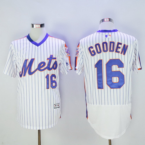 Men's New York Mets #16 Dwight Gooden Retired White Pullover 2016 Flexbase Majestic Baseball Jersey 25th Patch