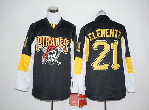 Men's Pittsburgh Pirates #21 Roberto Clemente Retired Black Long Sleeve Baseball Jersey