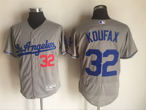 Men's Los Angeles Dodgers #32 Sandy Koufax Retired Gray Road 2016 Flexbase Majestic Baseball Jersey