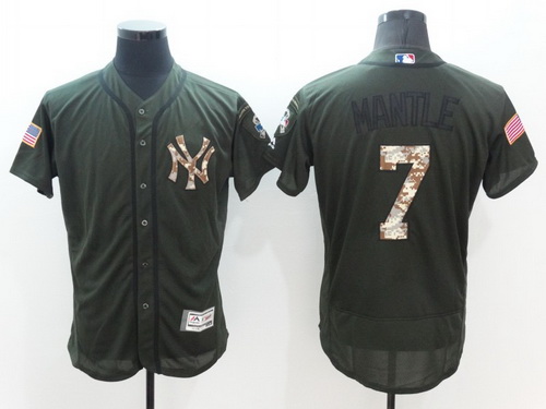 Men's New York Yankees #7 Mickey Mantle Retired Green Salute to Service 2016 Flexbase Majestic Baseball Jersey