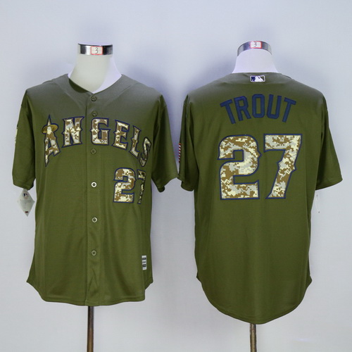 Men's LA Angels of Anaheim #27 Mike Trout Green Salute to Service Majestic Baseball Jersey