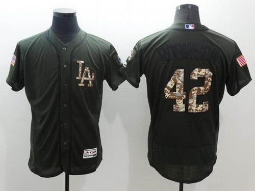 Men's Brooklyn Dodgers #42 Jackie Robinson Retired Green Salute to Service 2016 Flexbase Majestic Baseball Jersey
