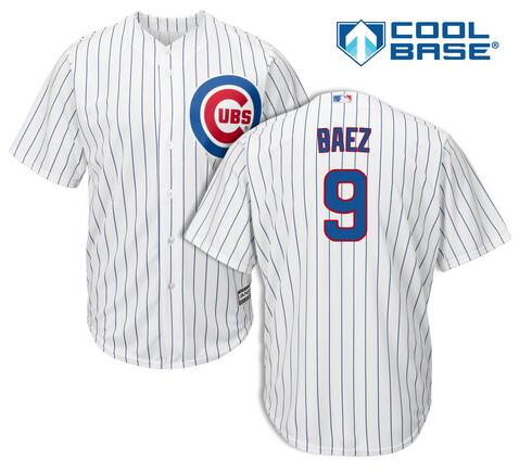Men's Chicago Cubs #9 Javier Baez Home White Pinstripe Authentic Cool Base Jersey