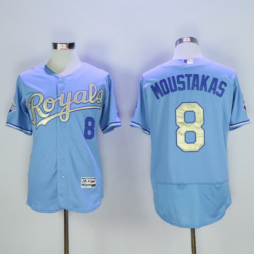 Men's Kansas City Royals #8 Mike Moustakas Light Blue 2015 World Series Champions Gold Program FlexBase Jersey