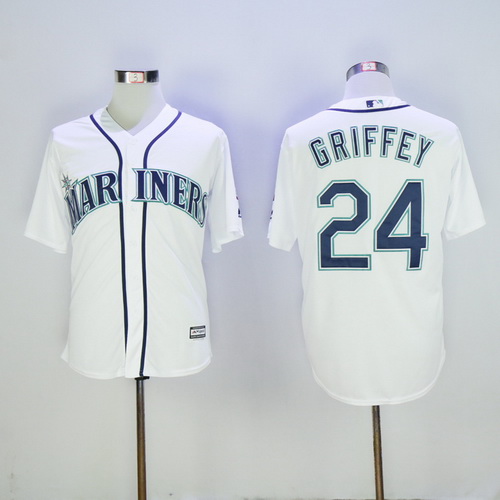 Men's Seattle Mariners #24 Ken Griffey Jr. White Cooperstown Collection Cool Base Jersey w2016 Hall Of Fame Patch