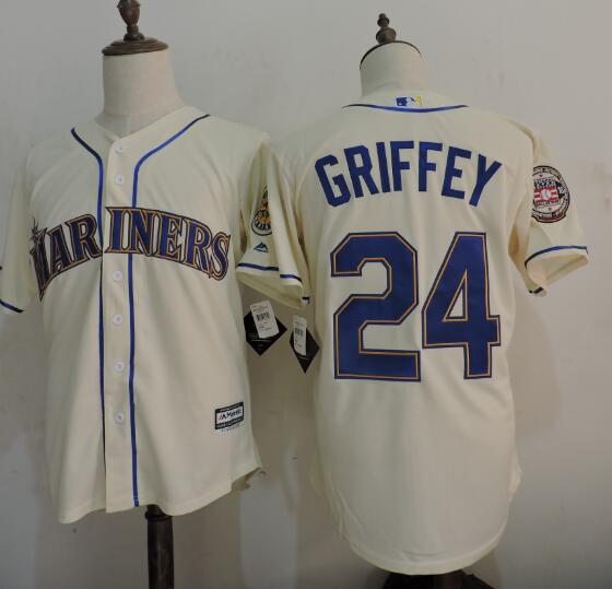 Men's Seattle Mariners #24 Ken Griffey Jr. Cream Cooperstown Collection Cool Base Jersey w2016 Hall Of Fame Patch