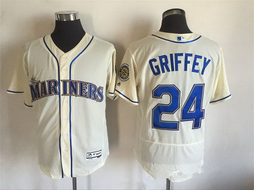 Men's Seattle Mariners #24 Ken Griffey Jr. Name Retired Cream 2016 Flexbase Majestic Baseball Jersey