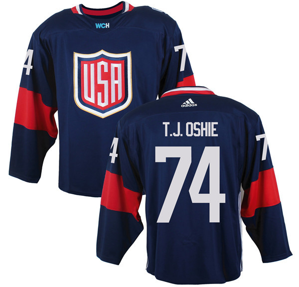 Men's Team USA #74 T- J- Oshie Navy Blue 2016 World Cup of Hockey Game Jersey